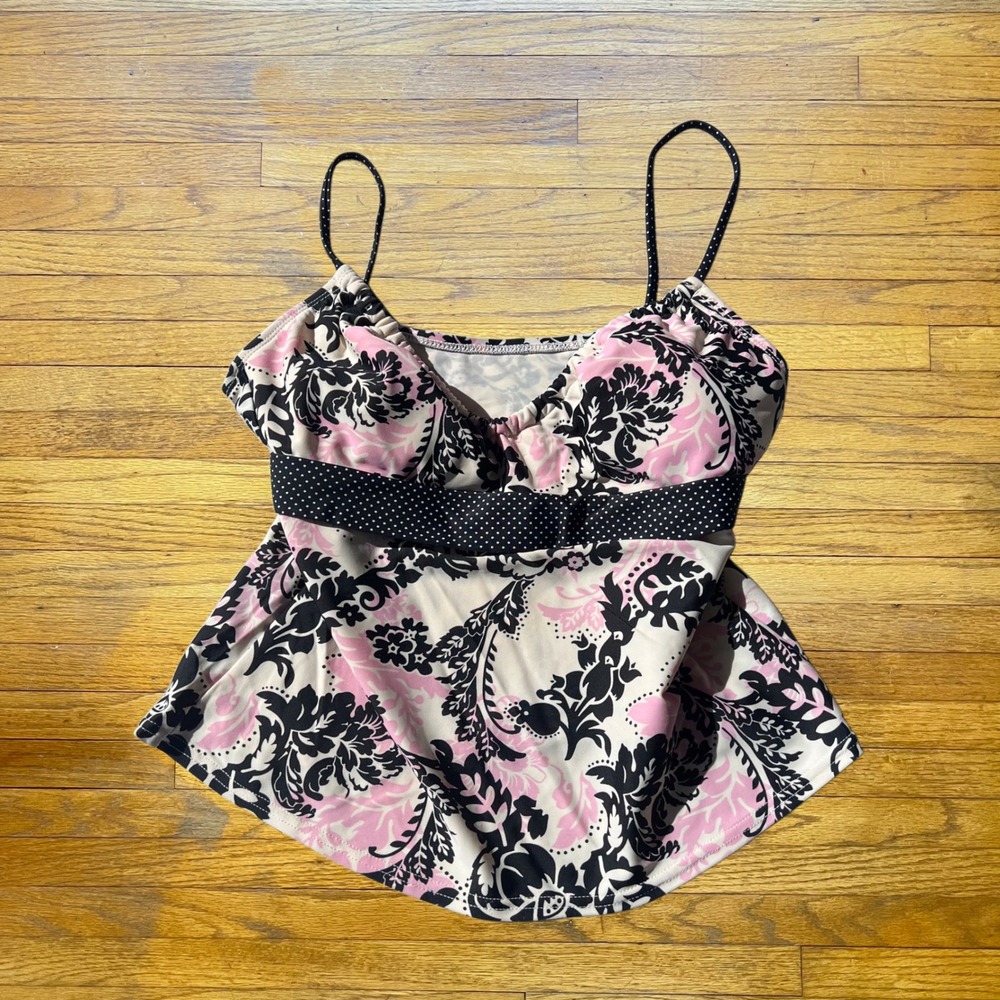 Ocean Avenue Pink Black Floral Paisley Tankini Swim Top Polka Dot Trim Womens